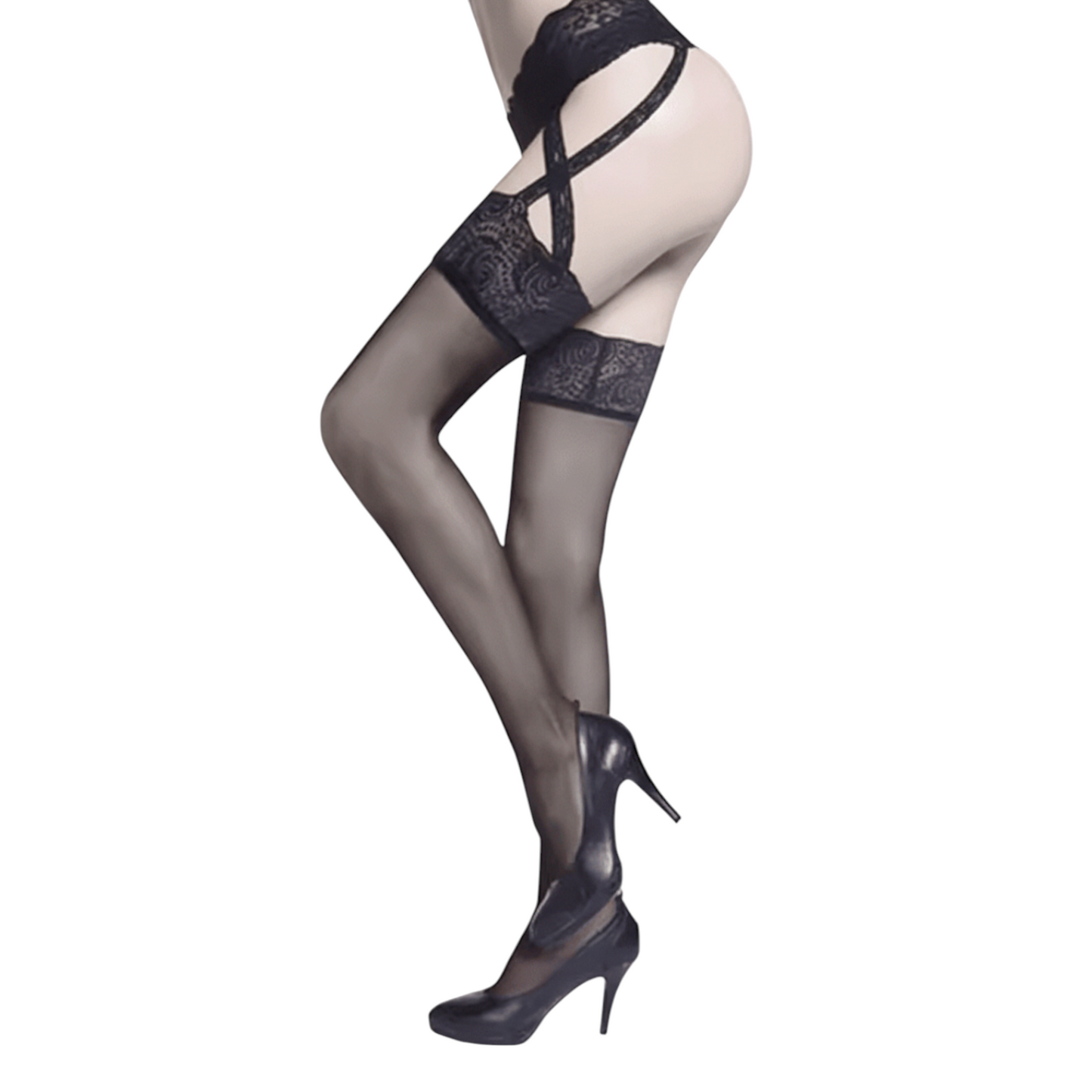 Lace Trim Garter Thigh Highs Fishnets