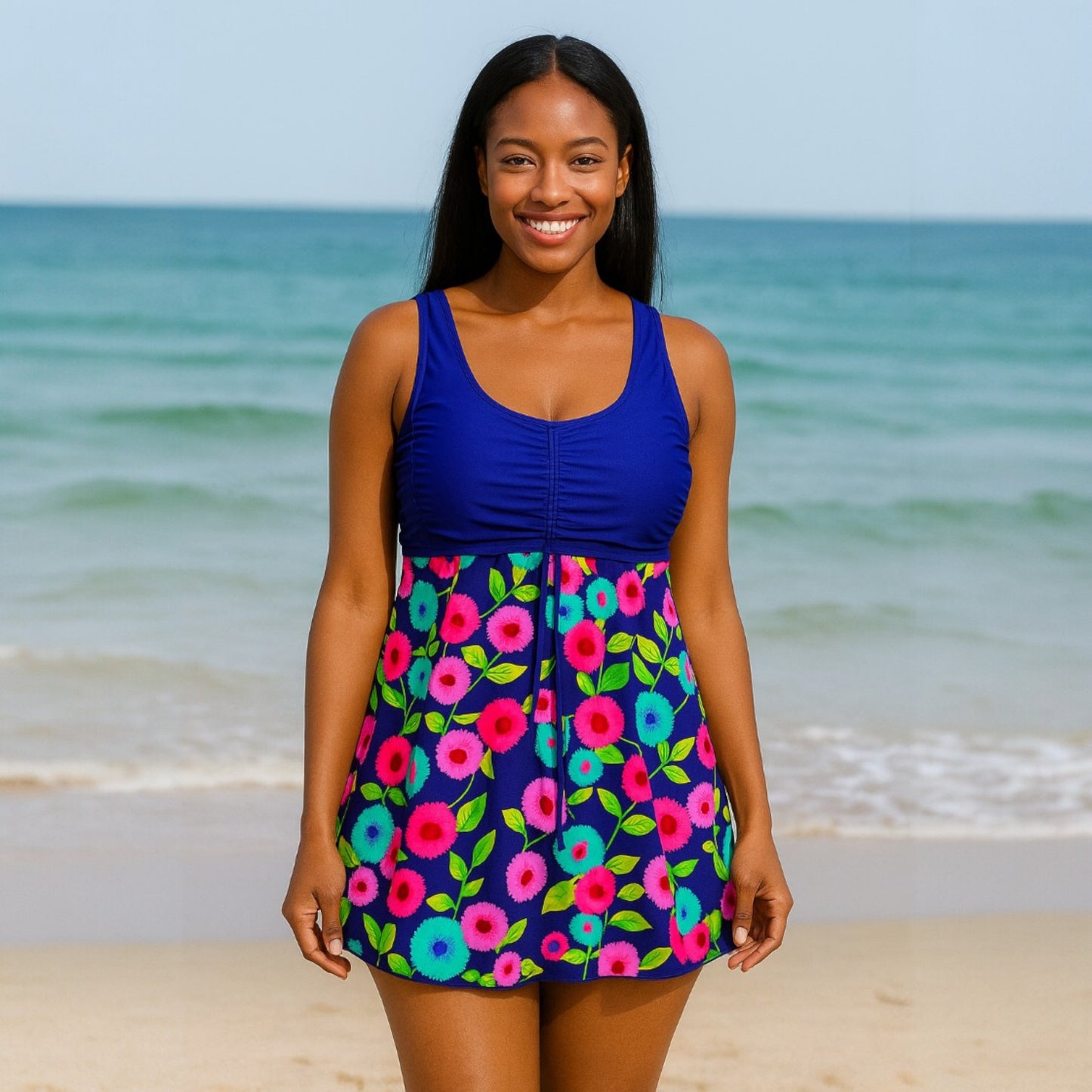 Blue Bloom Empire Swim Dress