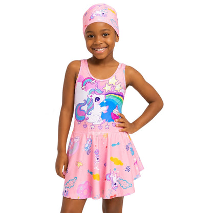 Pastel Unicorn Girls' Swim Dress & Cap