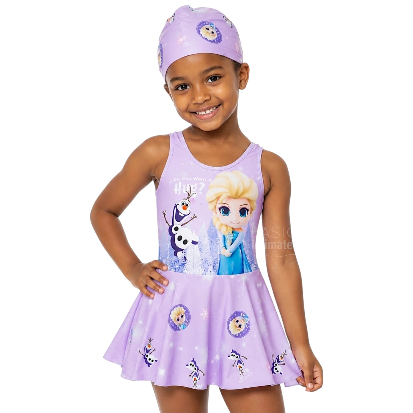 Frozen Princess Girls' 2-Piece Swim Dress with Swim Cap