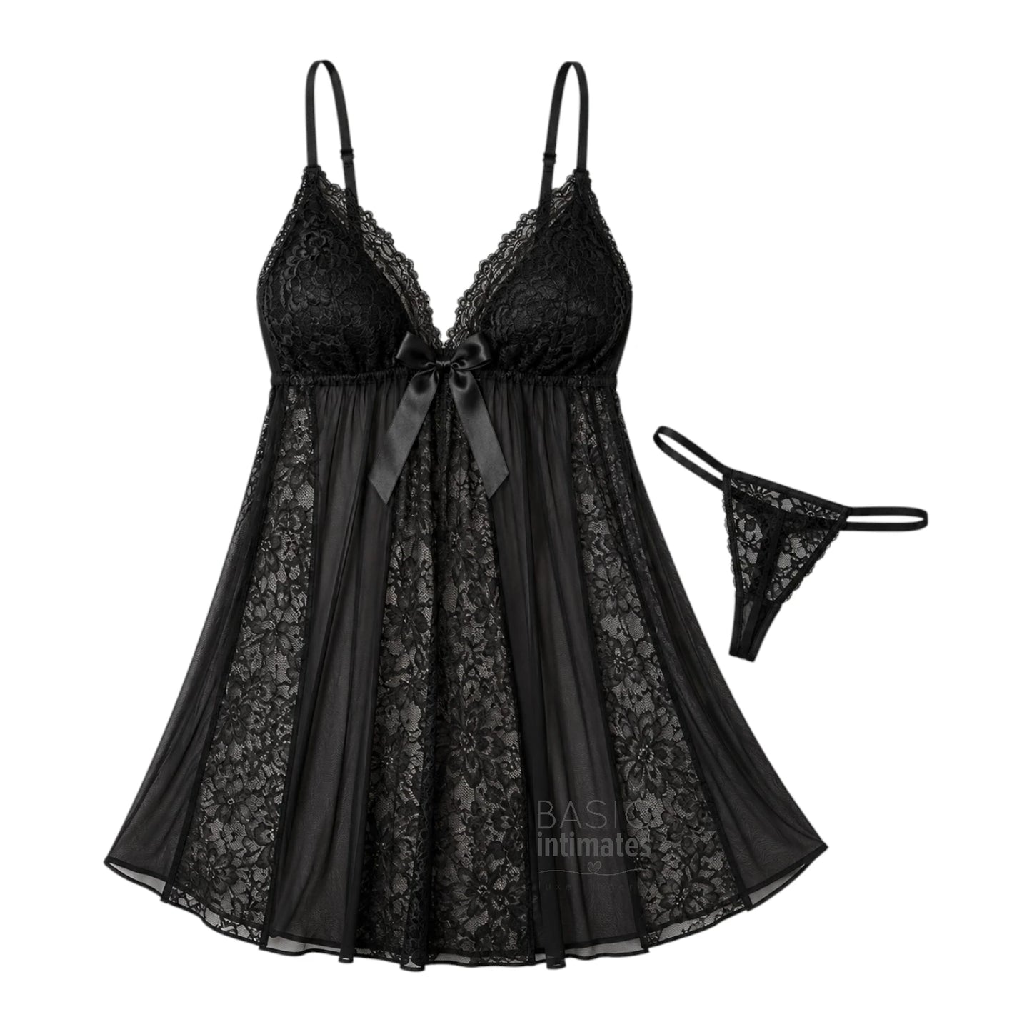 Angelique Sheer Lace 2-Piece Babydoll Set with Thong