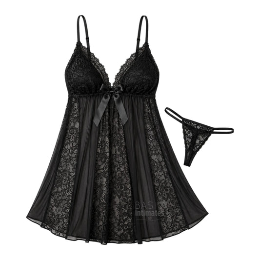 Angelique Sheer Lace 2-Piece Babydoll Set with Thong