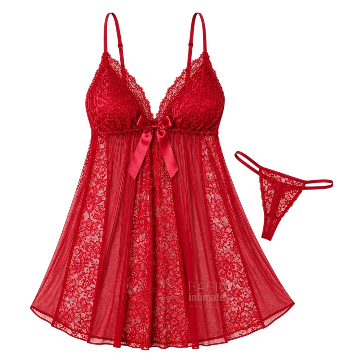 Angelique Sheer Lace 2-Piece Babydoll Set with Thong