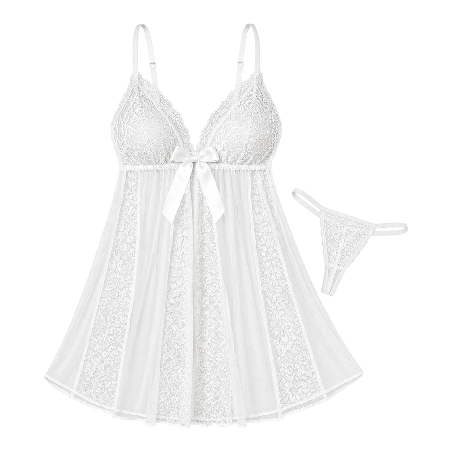 Angelique Sheer Lace 2-Piece Babydoll Set with Thong