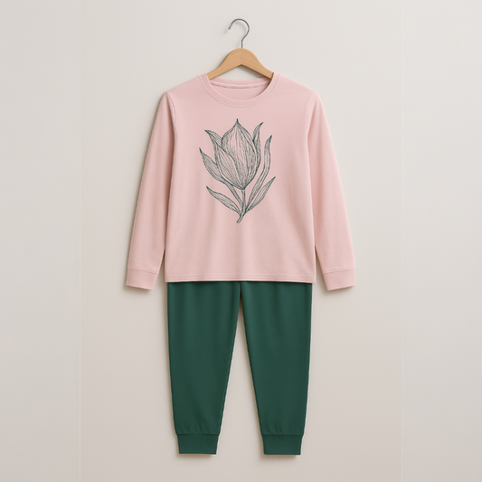 Long Sleeve Pink and Green Pyjama Set