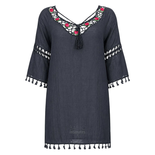 Boho Rose Embroidered Cotton Coverup